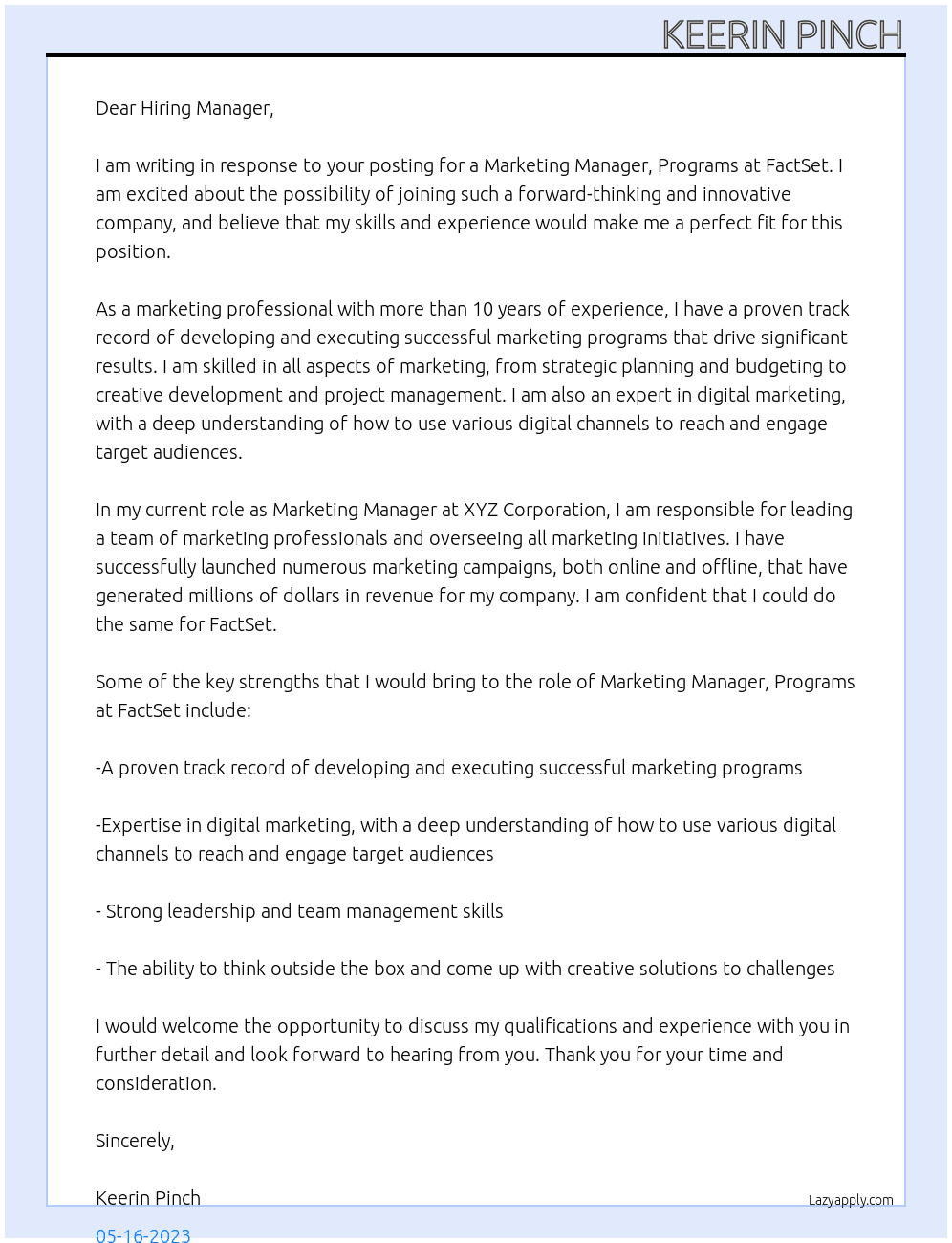 Marketing Manager, Programs At FactSet Cover Letter
