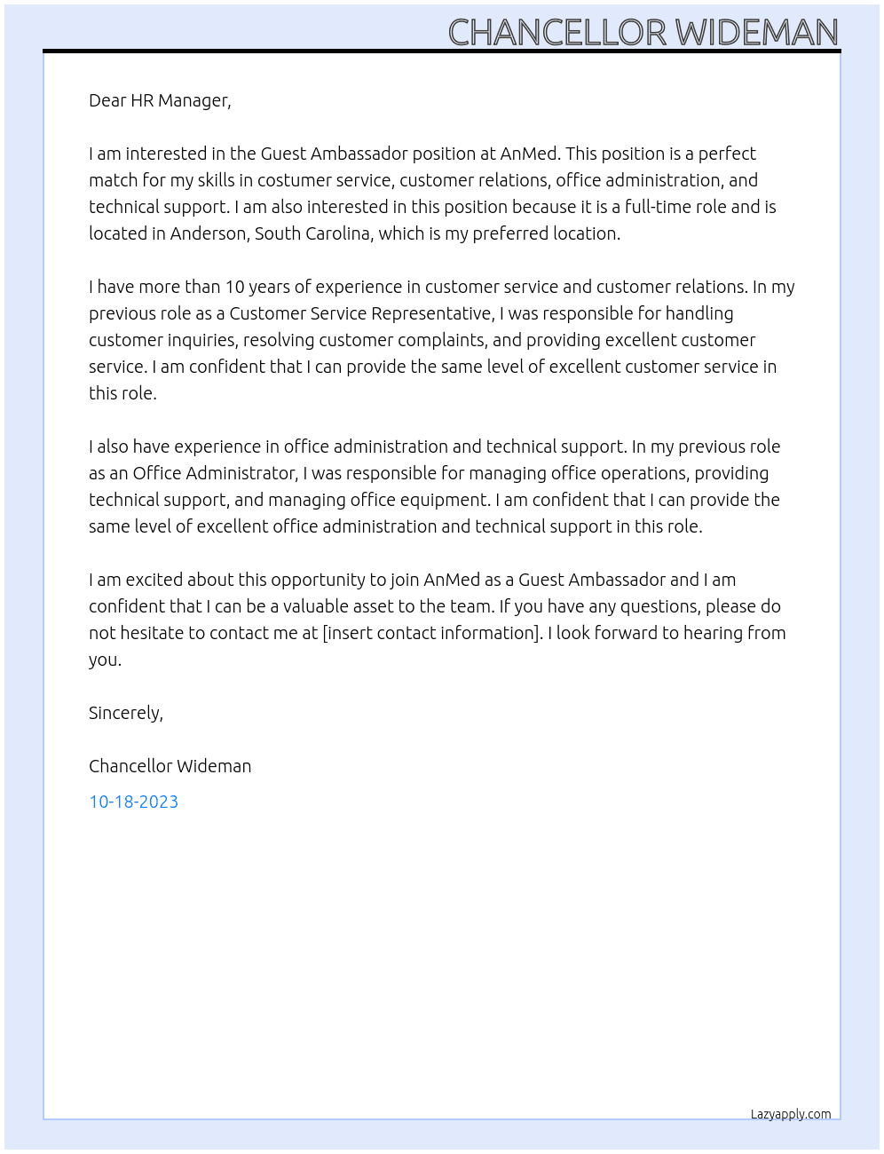 Guest Ambassador At AnMed Cover Letter