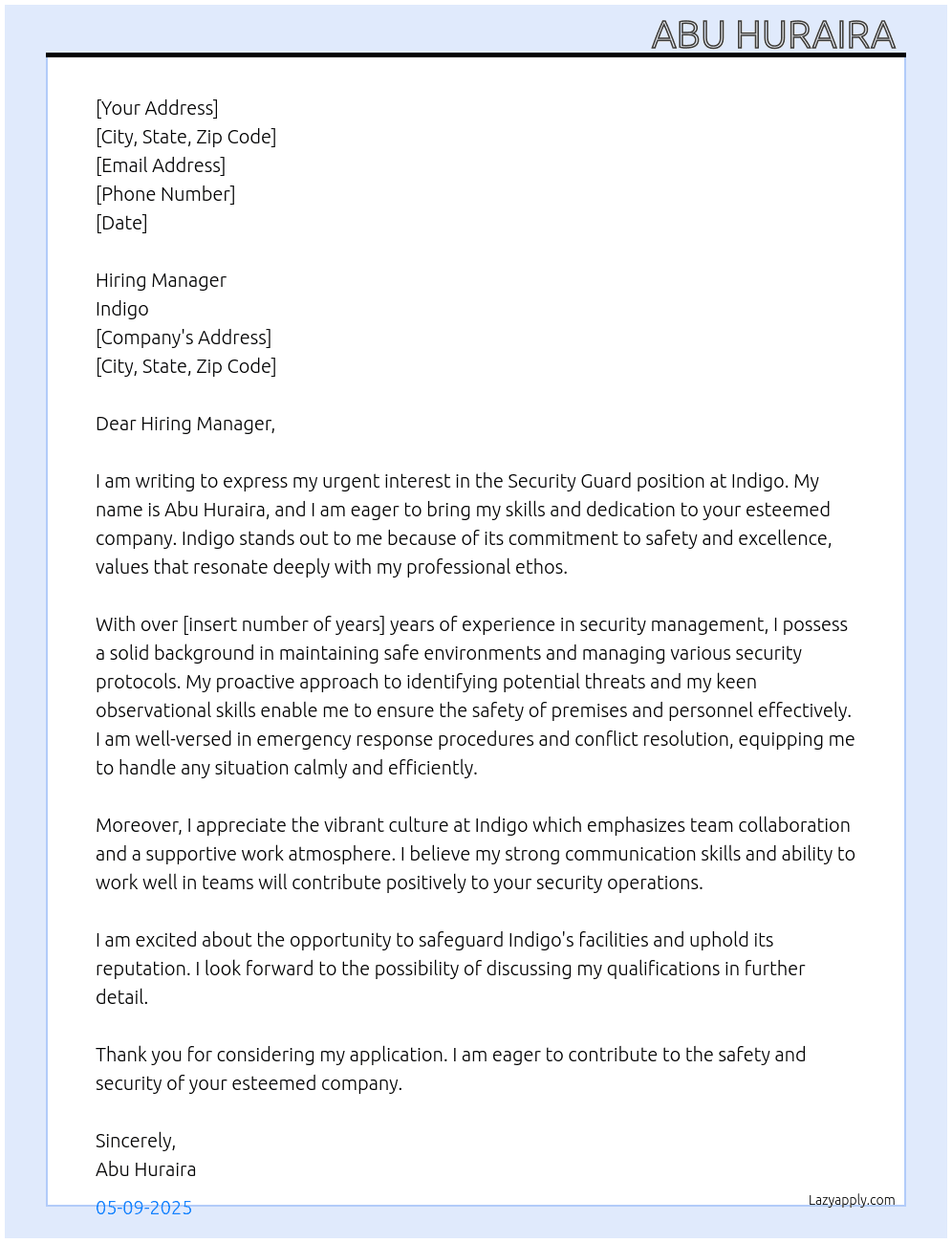 Security guard  At Indigo  Cover Letter