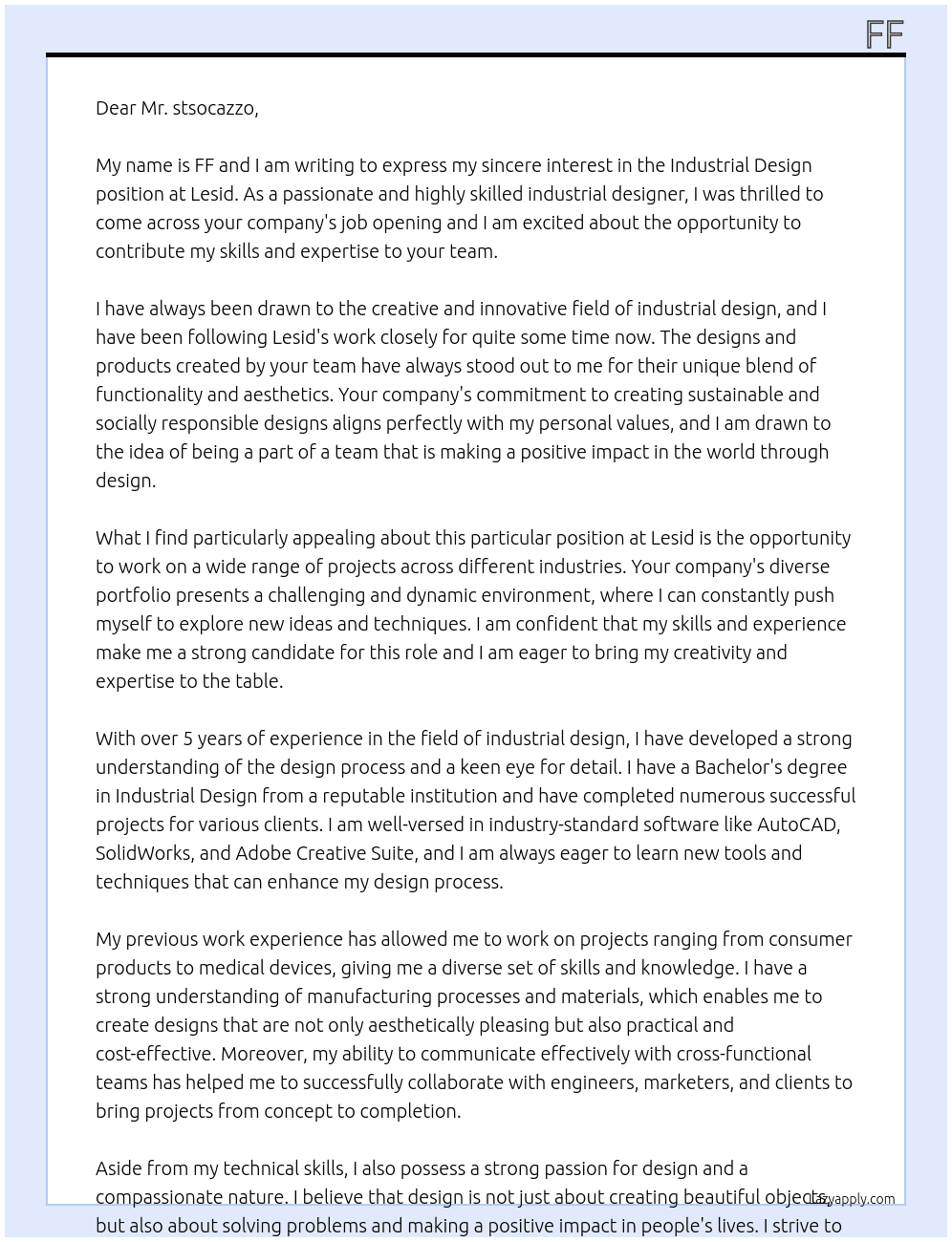 Industrial Design At Lesid Cover Letter