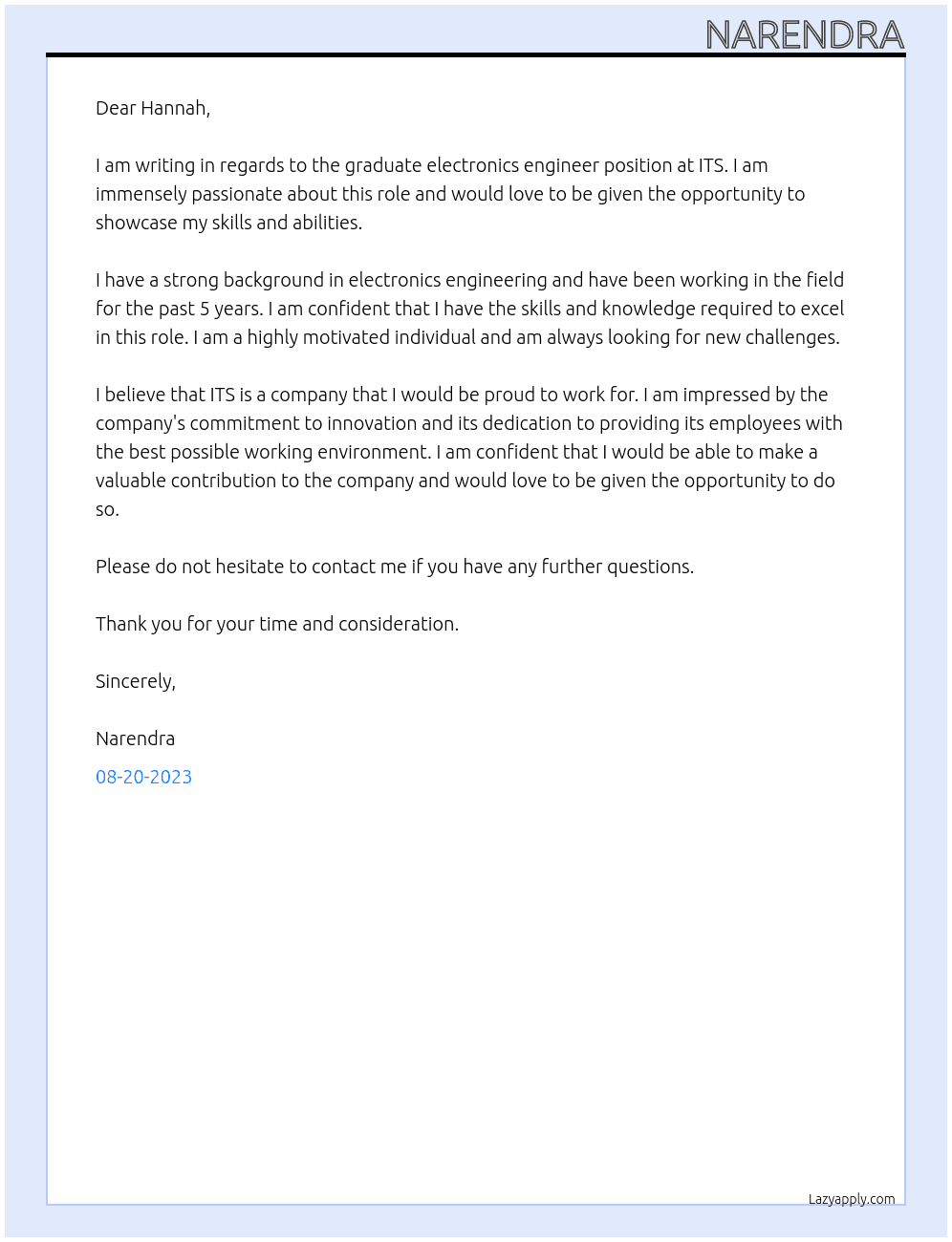 Graduate electronics engineer At ITS Cover Letter