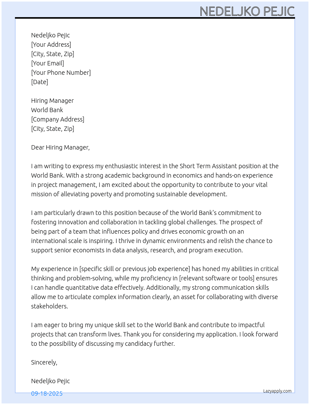 Cover letter for short term assistant - LazyApply