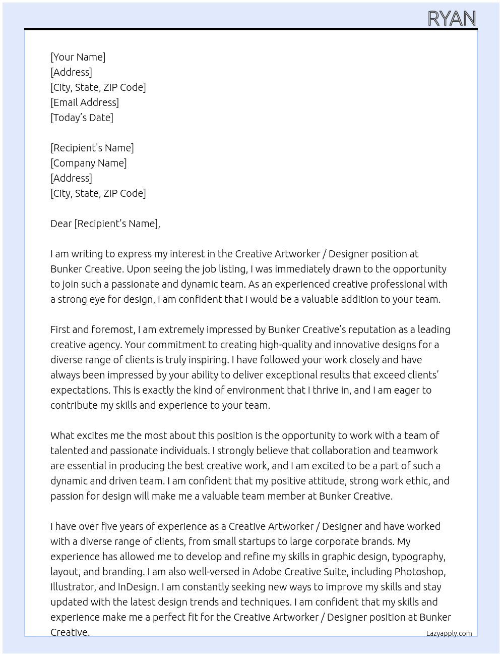 Creative Artworker / Designer At Bunker Creative Cover Letter