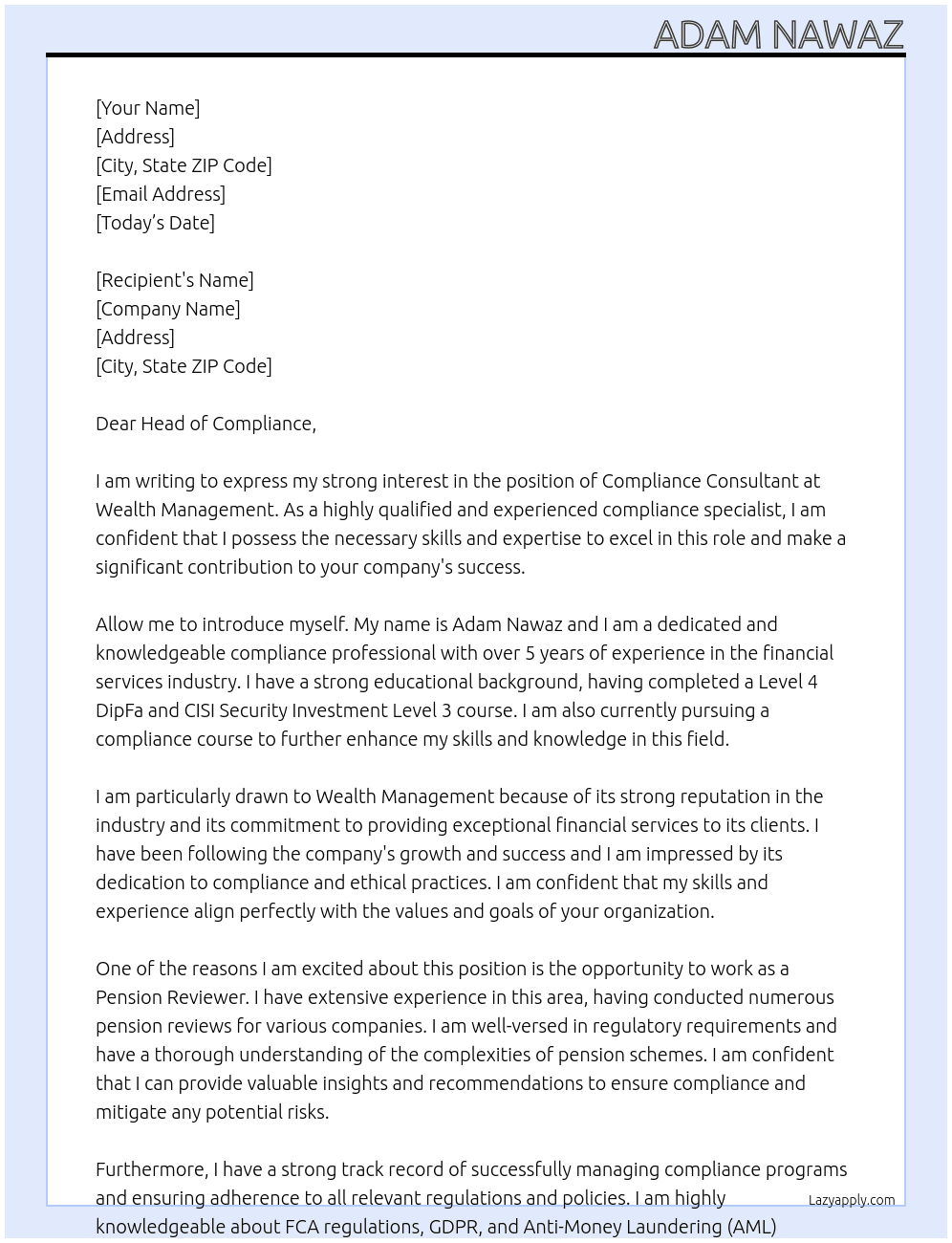 Compliance consultant  At Wealth Management Cover Letter