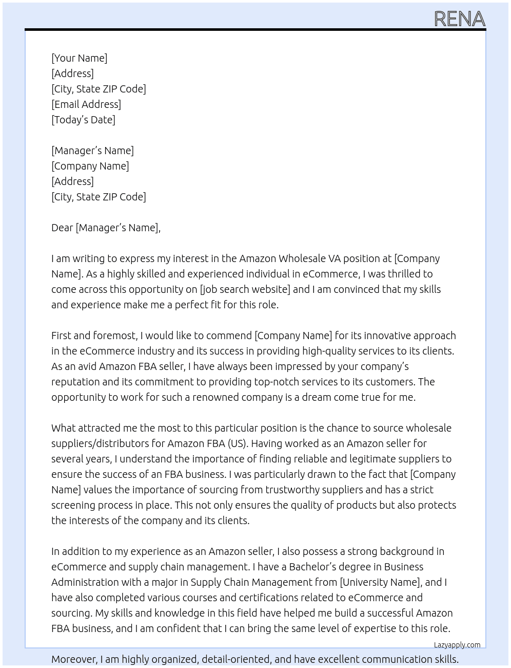 Cover letter for amazon wholesale va - LazyApply