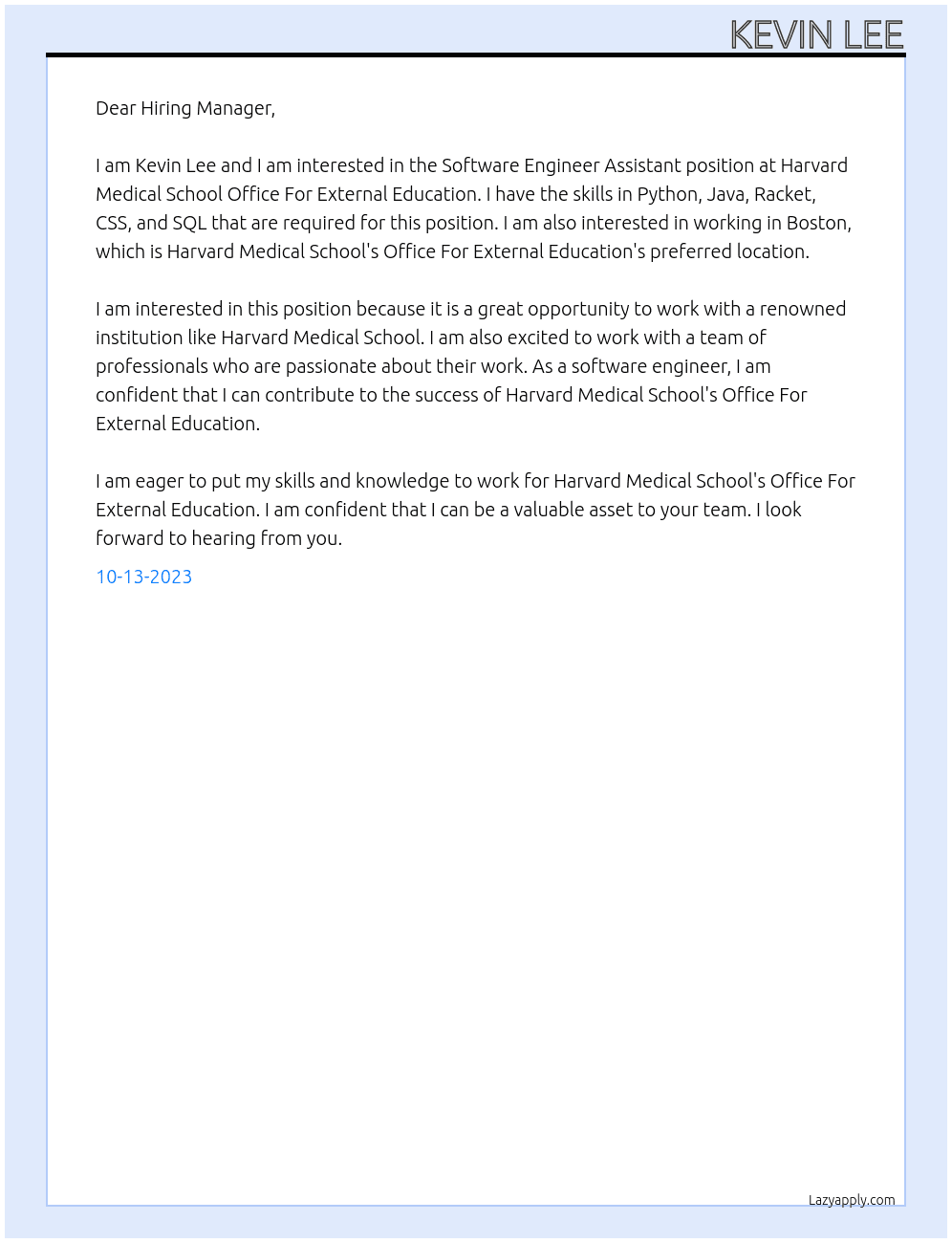 Software Engineer Assistant At Harvard Medical School Office For External Education Cover Letter