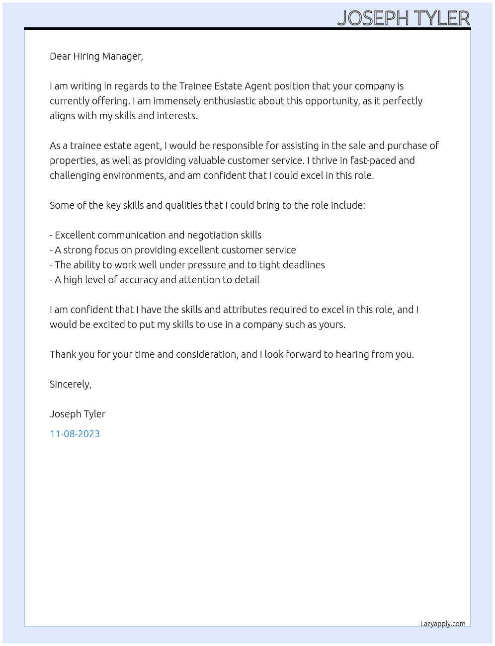 Trainee estate agent At estate agents Cover Letter
