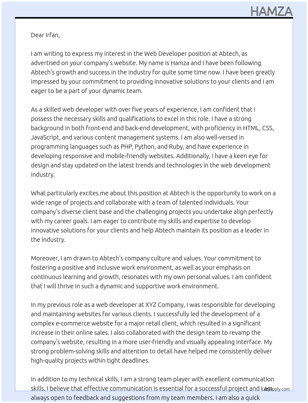 web developer At abtech Cover Letter