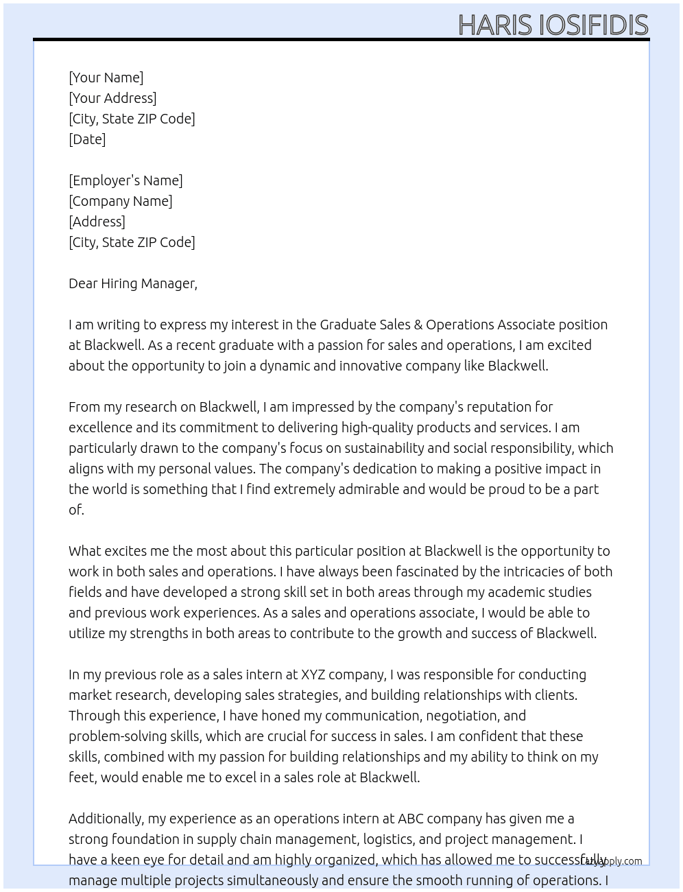Graduate Sales & Operations Associate At Blackwell Cover Letter
