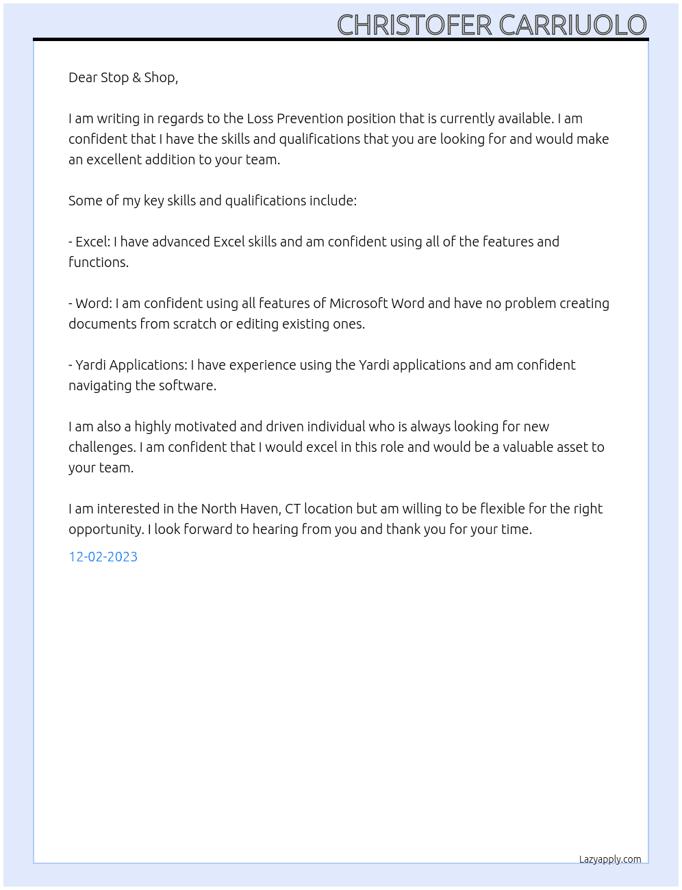 Loss prevention At Stop & Shop  Cover Letter