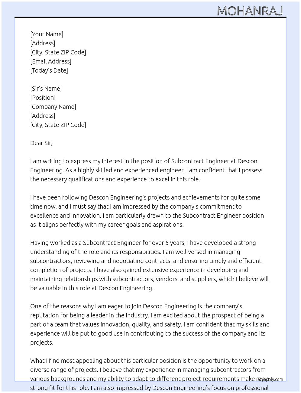Subcontract Engineer  At Descon Engineering Cover Letter