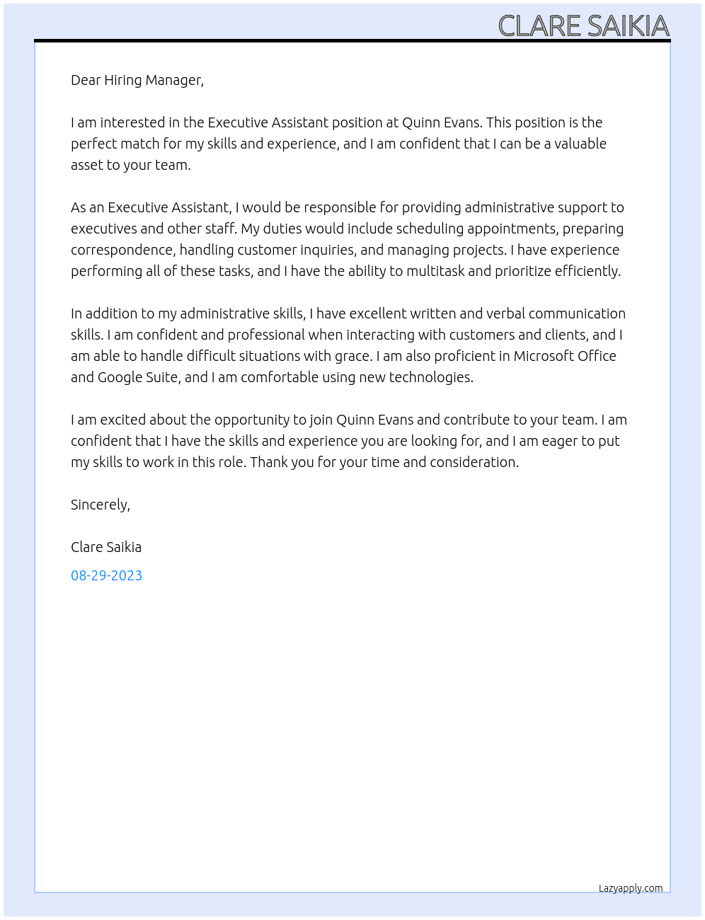 Executive Assistant At Quinn Evans Cover Letter