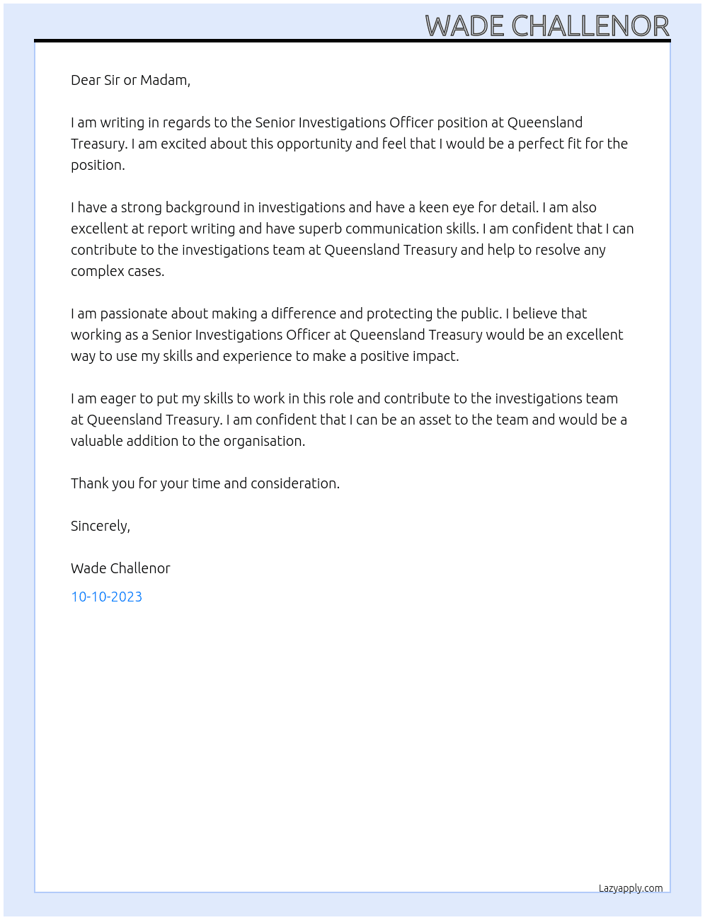Senior Investigations Officer At Queensland Treasury Cover Letter