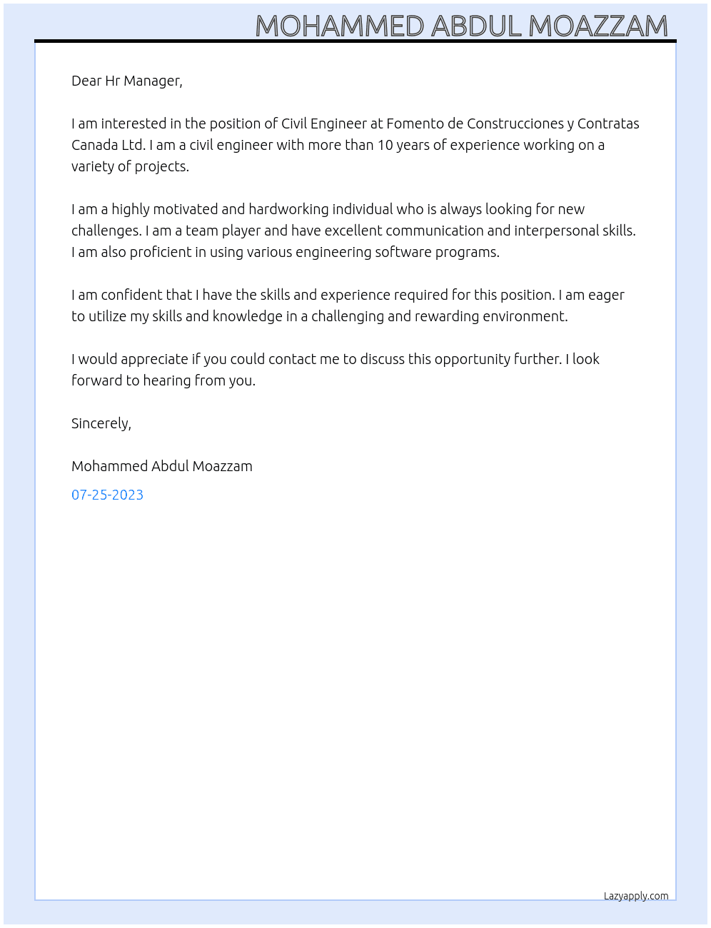 Civil Engineer  At Fomento de Construcciones y Contratas Canada Ltd. Cover Letter