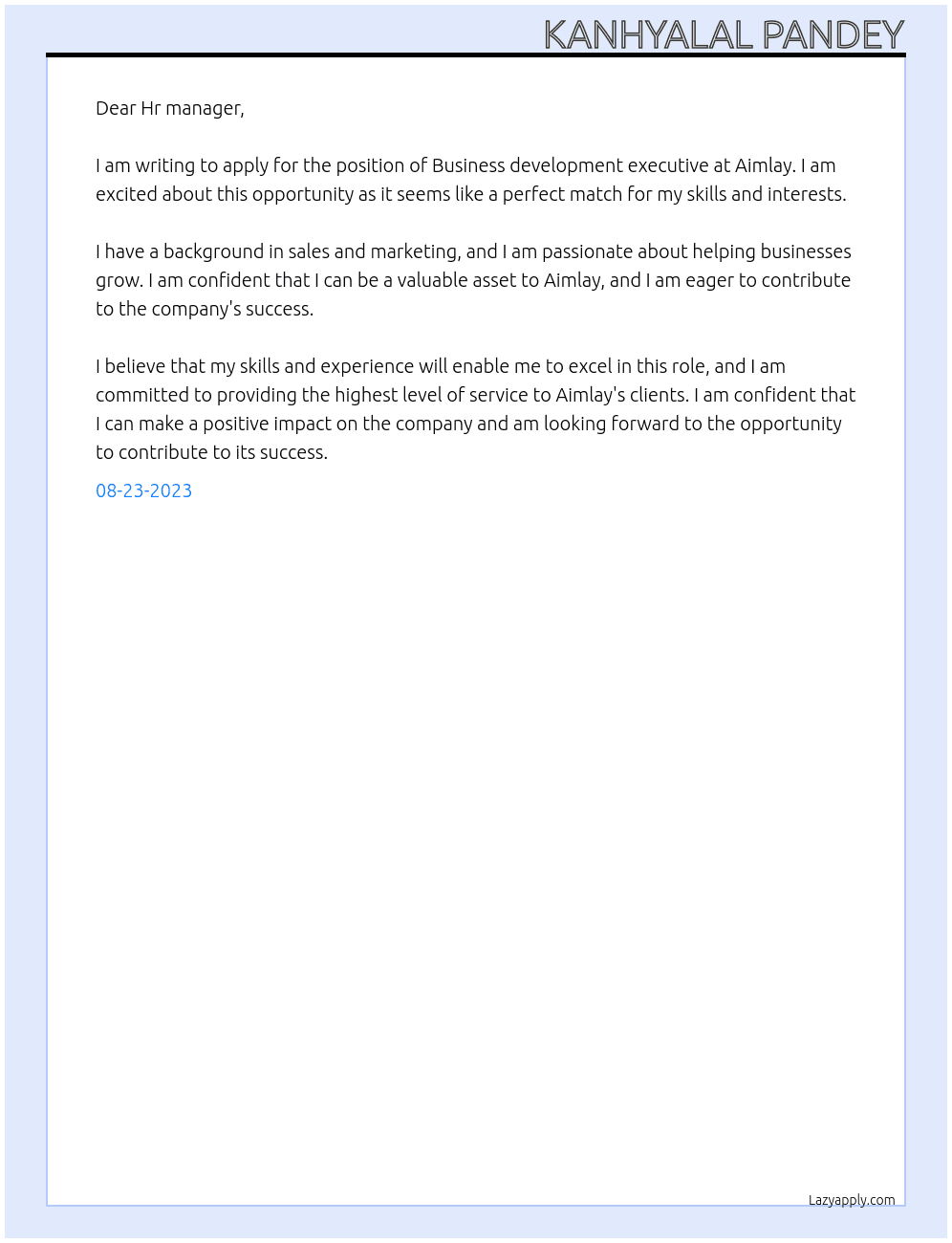 Business development executive  At Aimlay  Cover Letter