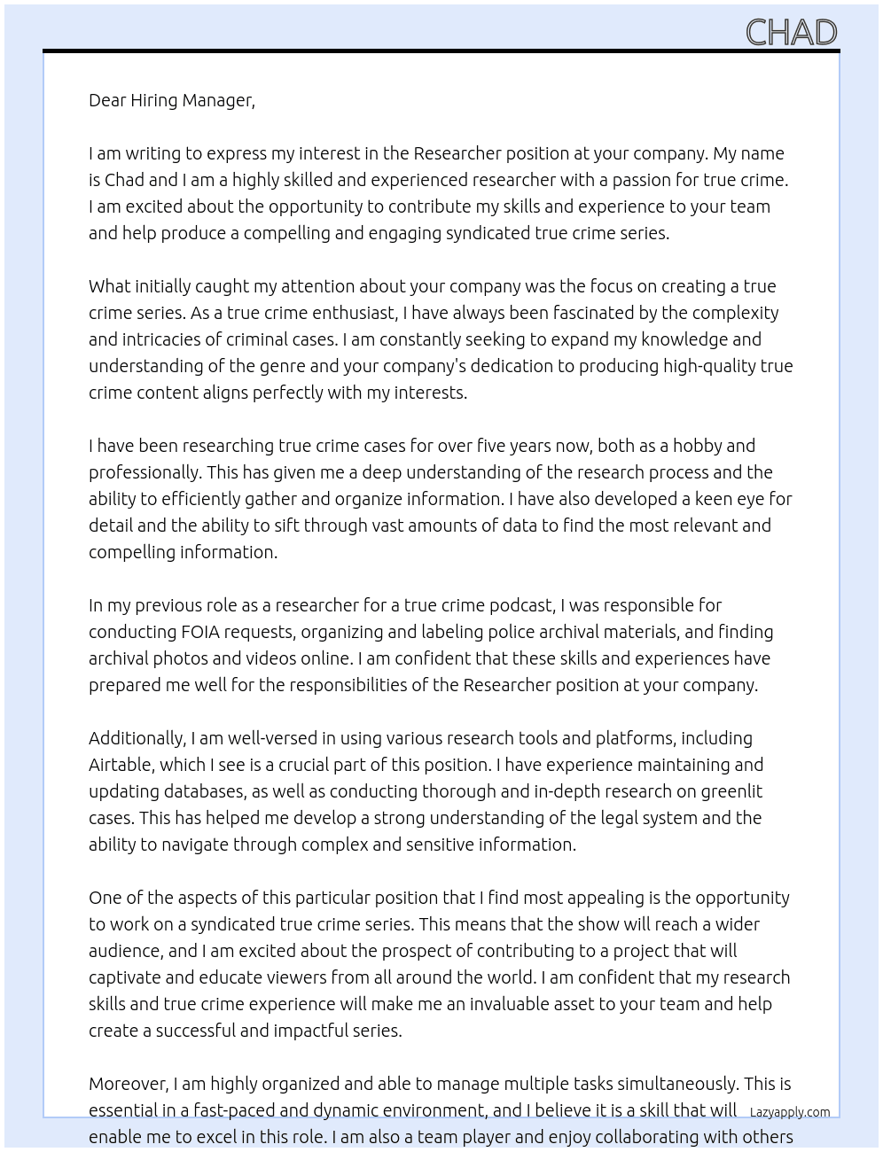 Researcher At unknown Cover Letter