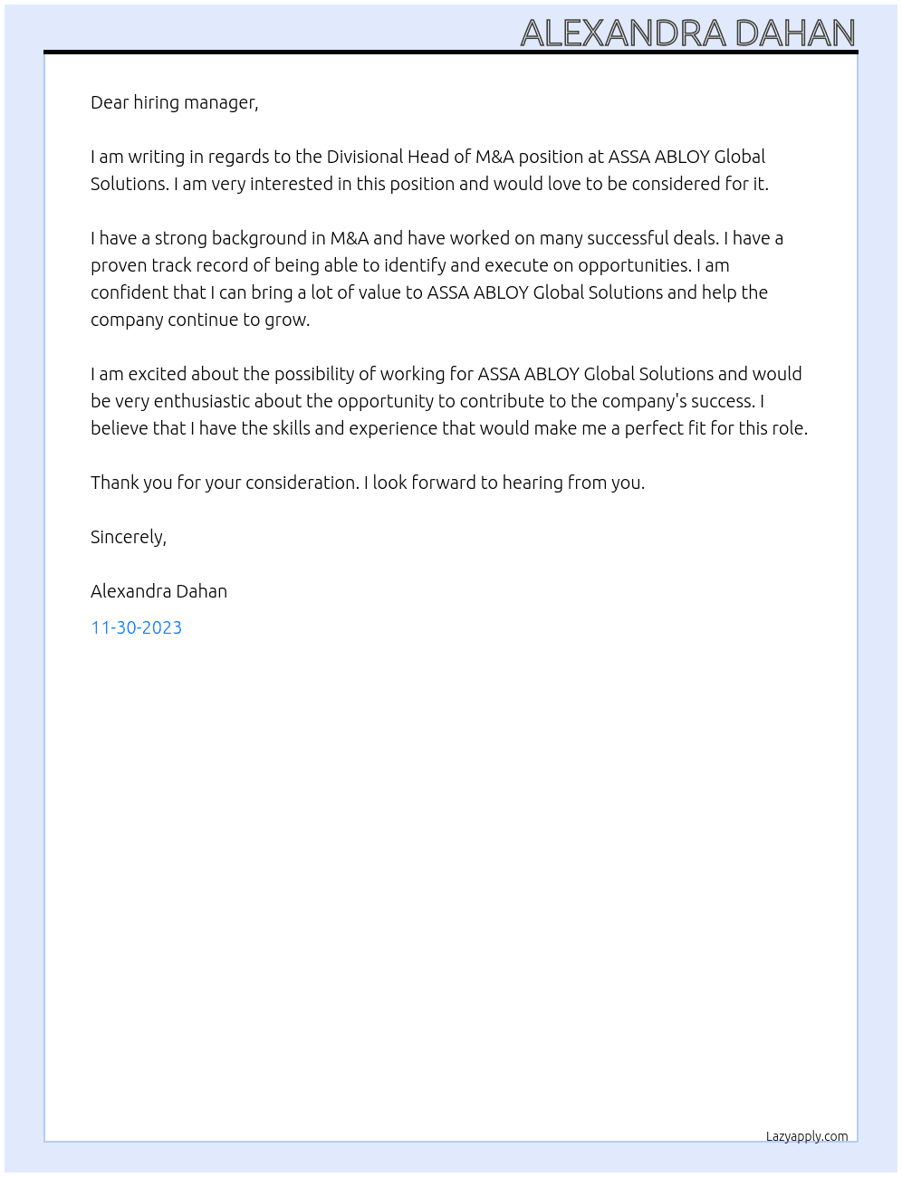 Divisional Head of M&A  At ASSA ABLOY Global Solutions Cover Letter