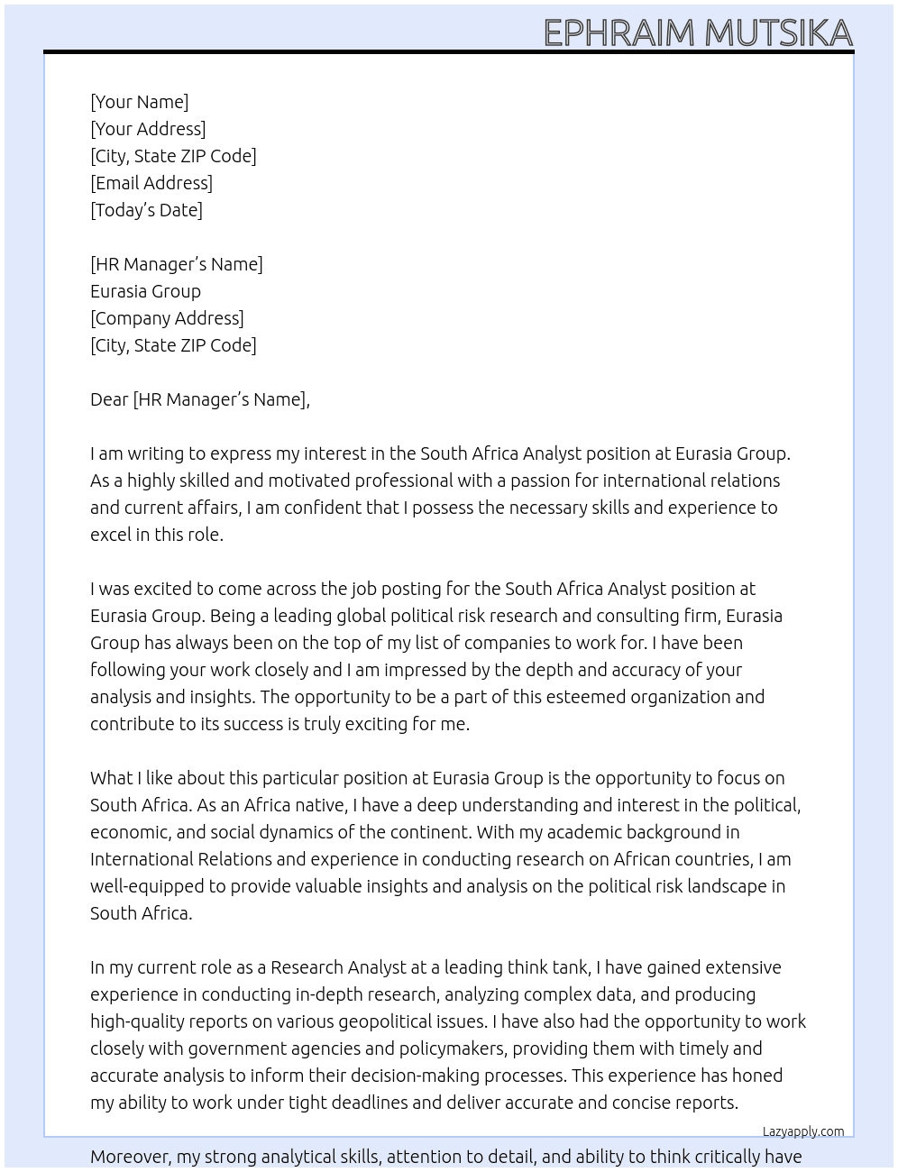 South Africa Analyst At Eurasia Group Cover Letter