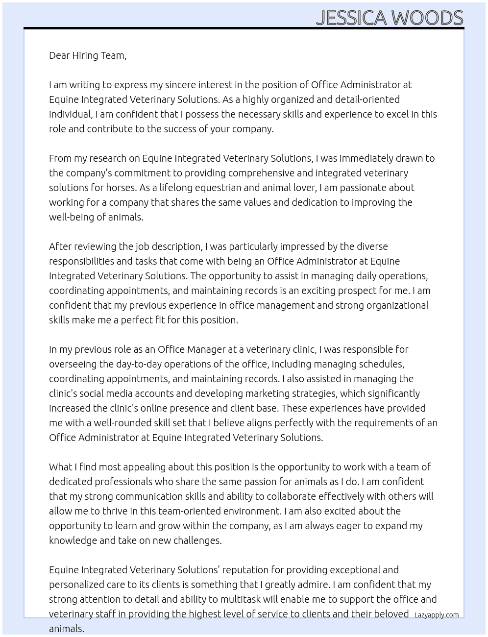office administrator At Equine Integrated Veterinary Solutions Cover Letter