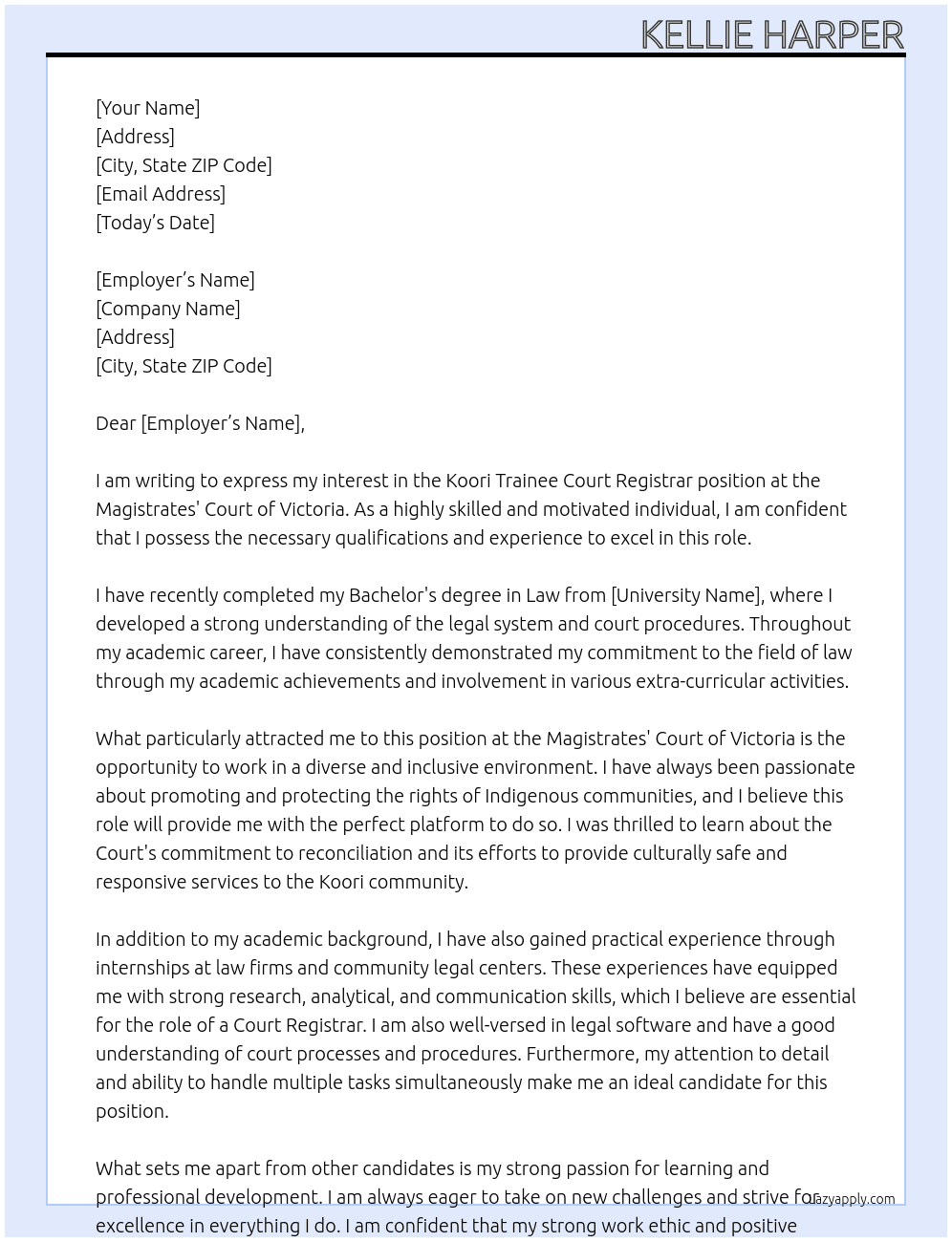 Koori Trainee Court Registrar  At Magistrates' Court of Victoria Cover Letter