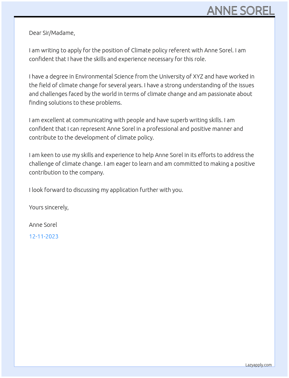 Climate policy referent At Anne Sorel Cover Letter