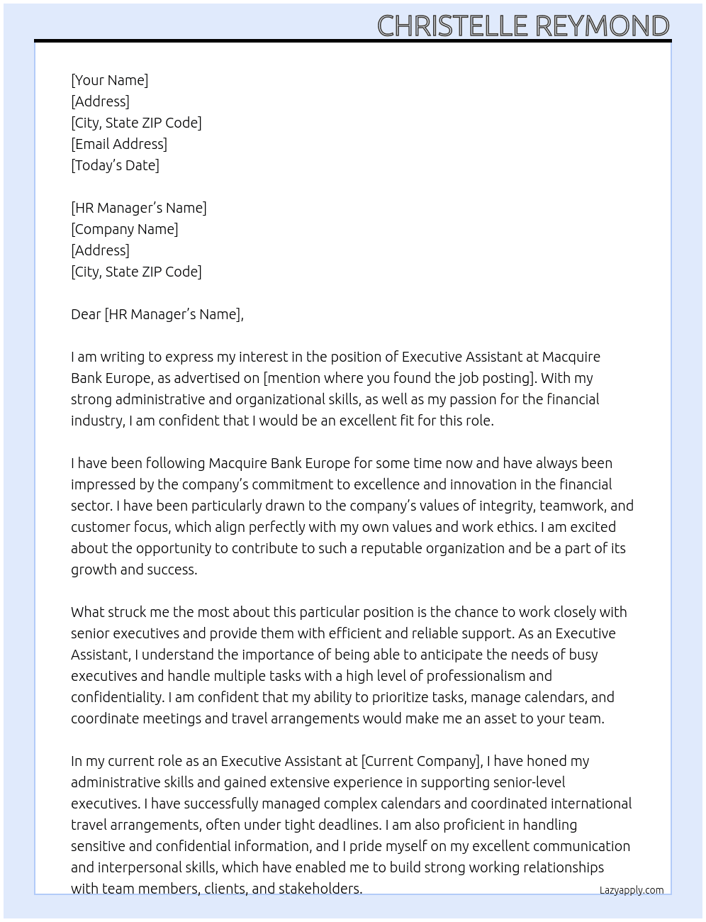 executive assistant At Macquire Bank Europe Cover Letter