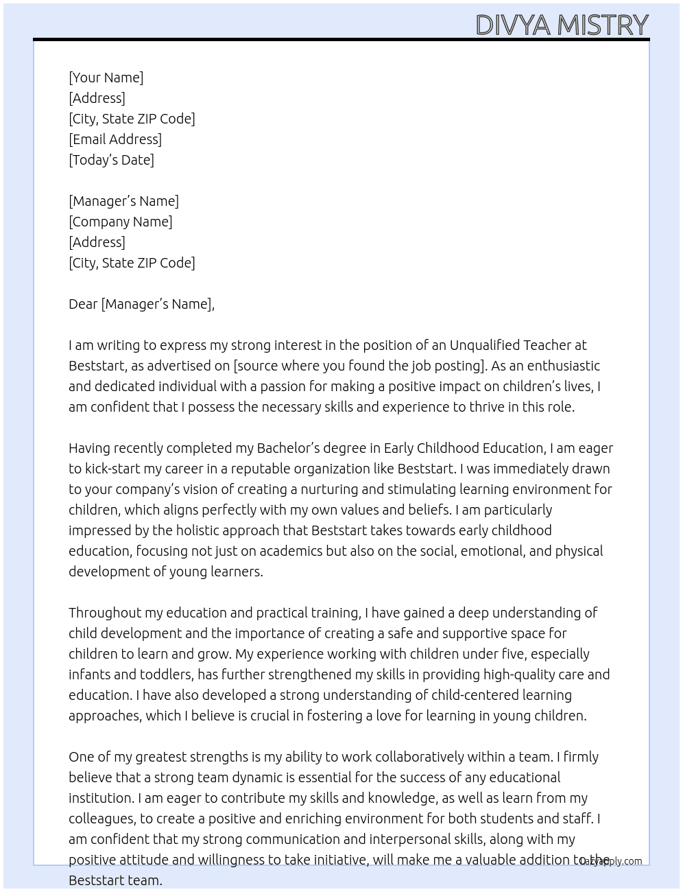Unqualified teacher At Beststart Cover Letter