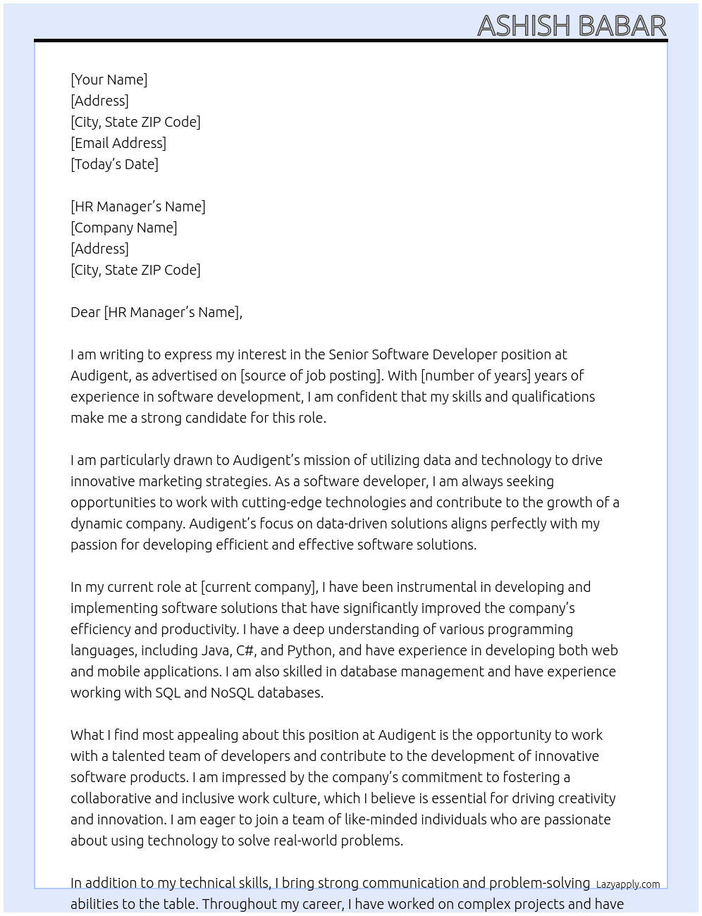 Senior Software Developer  At Audigent Cover Letter