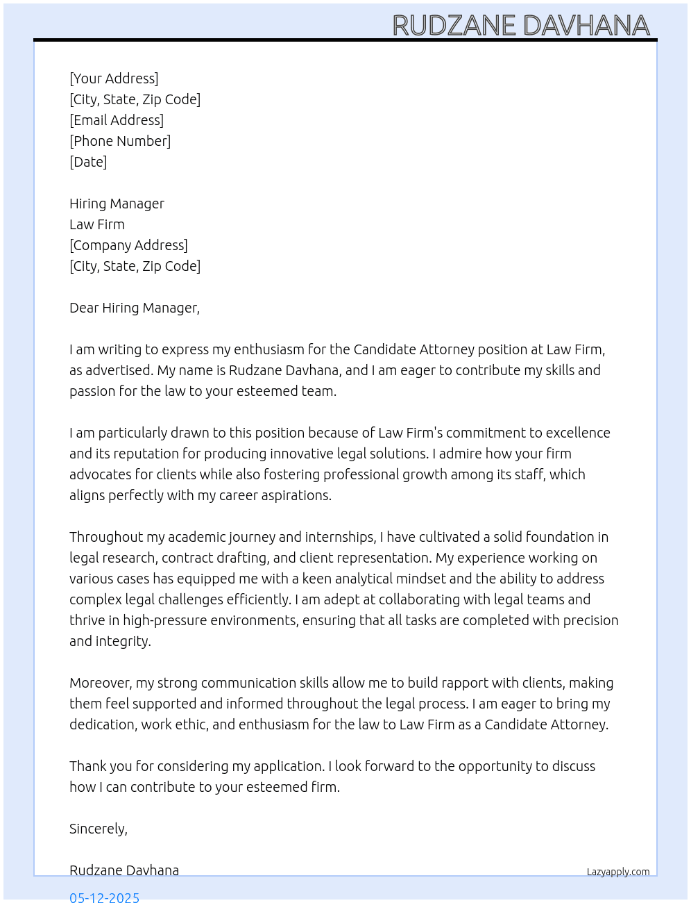 Candidate Attorney  At Law firm Cover Letter