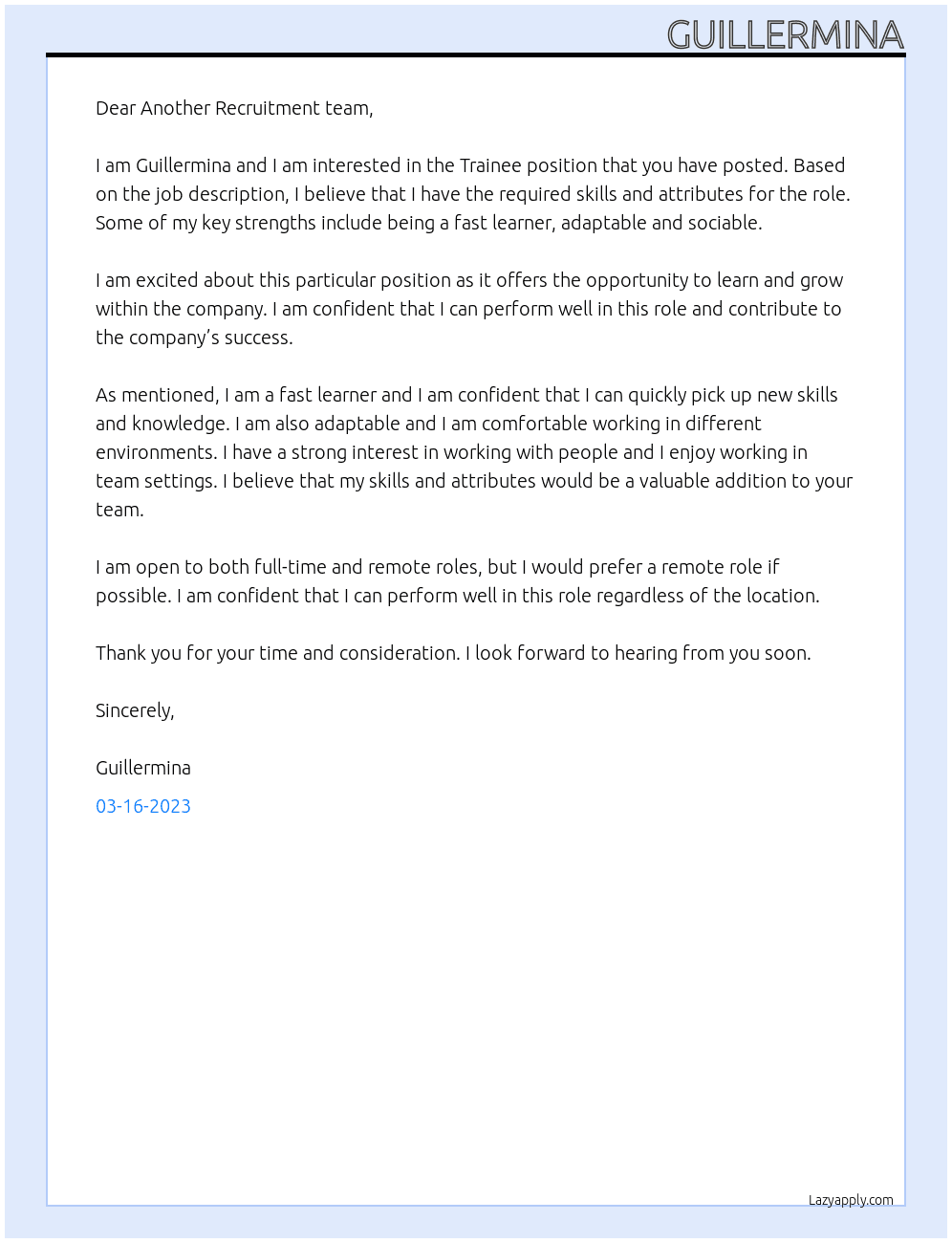 Trainee At Another Cover Letter