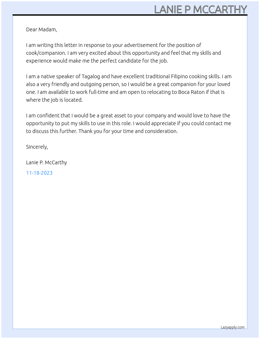 COOK/COMPANION At INR PLLC Cover Letter