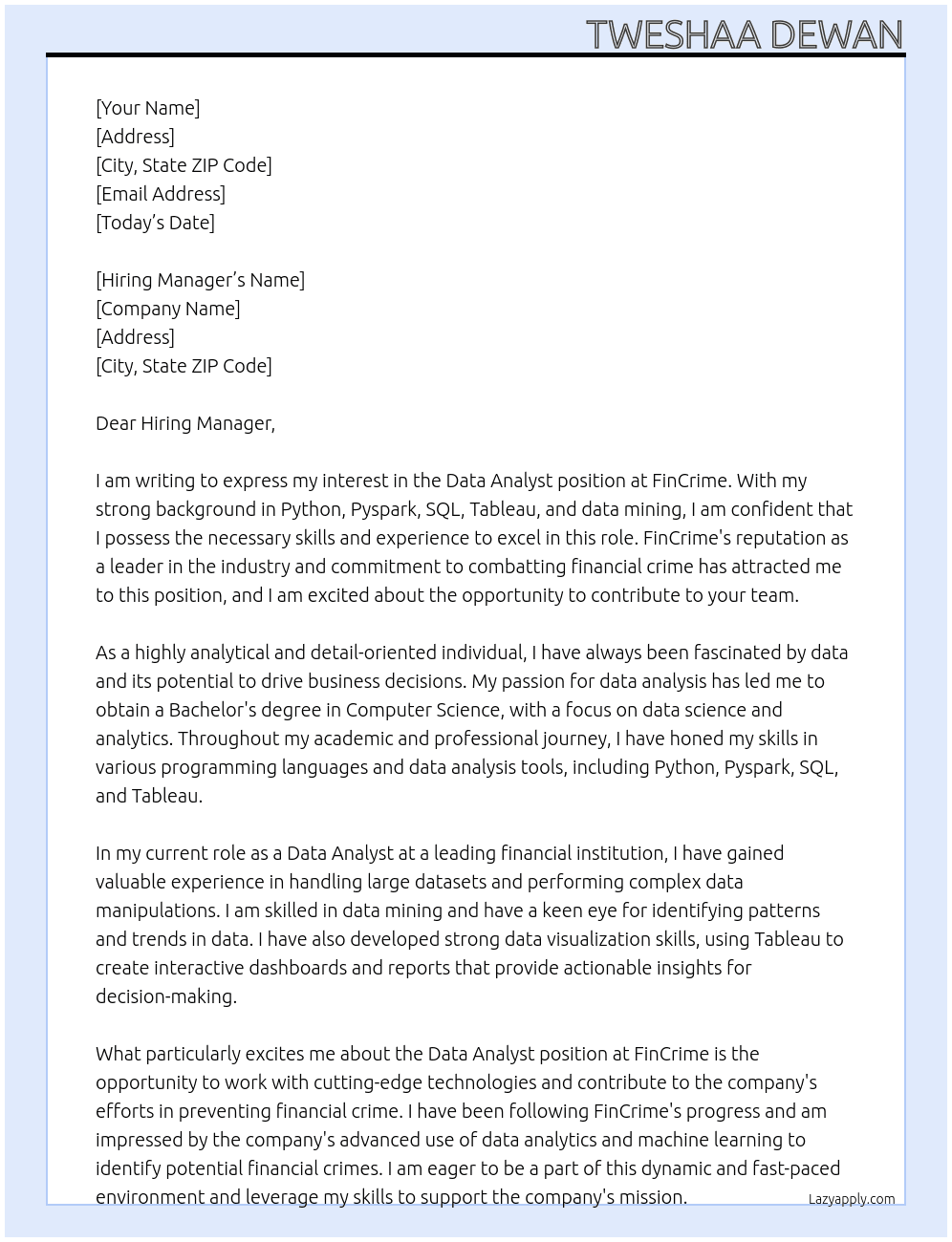 Data Analyst At FinCrime Cover Letter