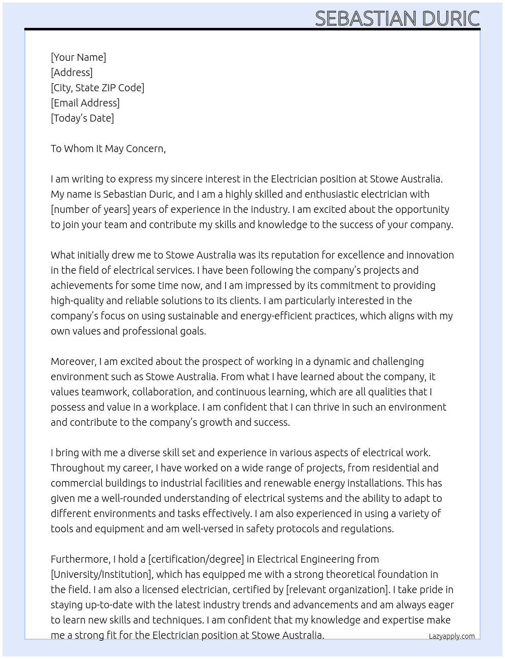 Electrician At Stowe Australia Cover Letter