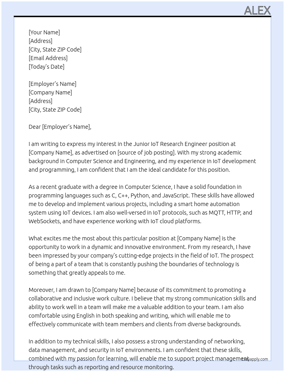 Junior IoT Research Engineer At TTvv Cover Letter