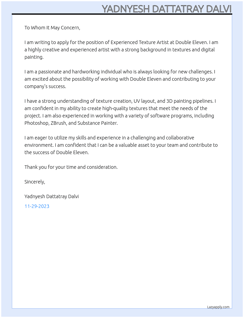 Experienced Texture Artist At Double Eleven Cover Letter