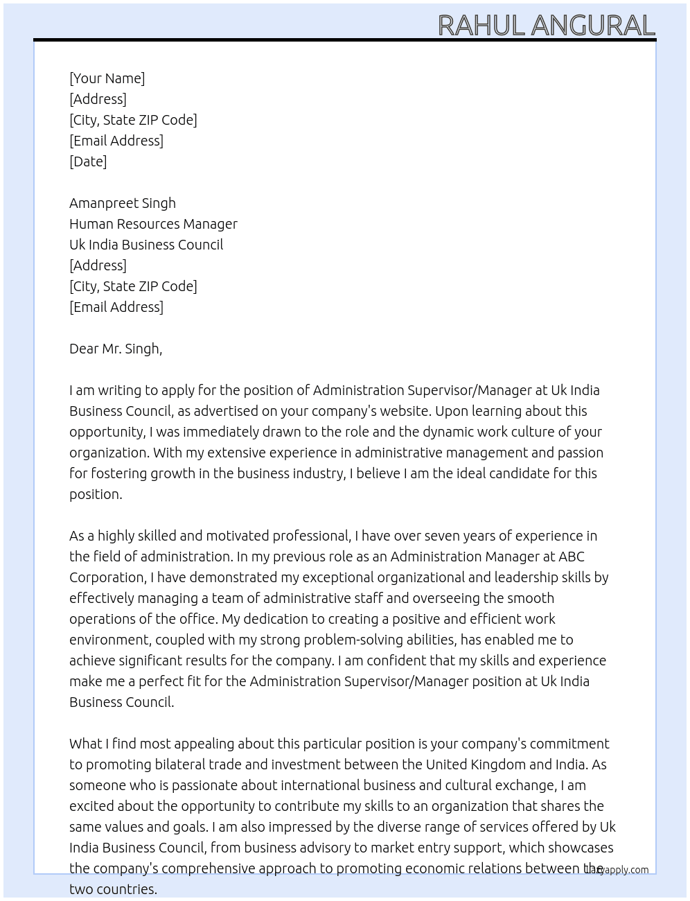 Administration Supervisor/ Manager  At Uk India Business Council Cover Letter