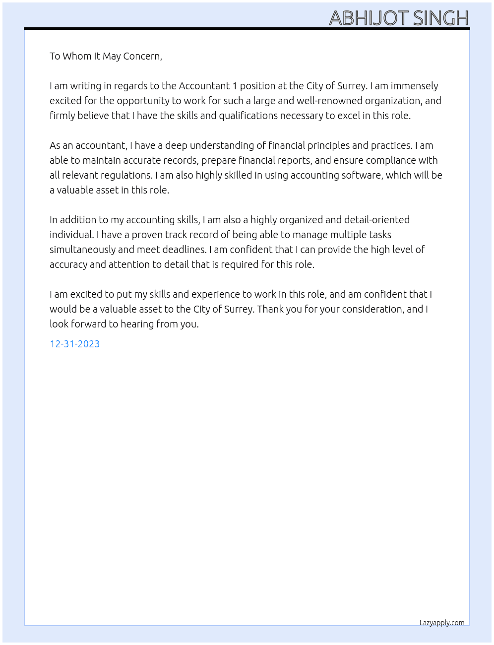 Accountant 1 At City Of Surrey Cover Letter