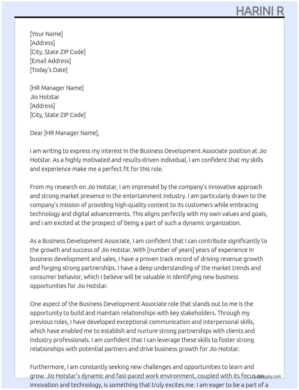 Business development associate  At Jio hotstar  Cover Letter