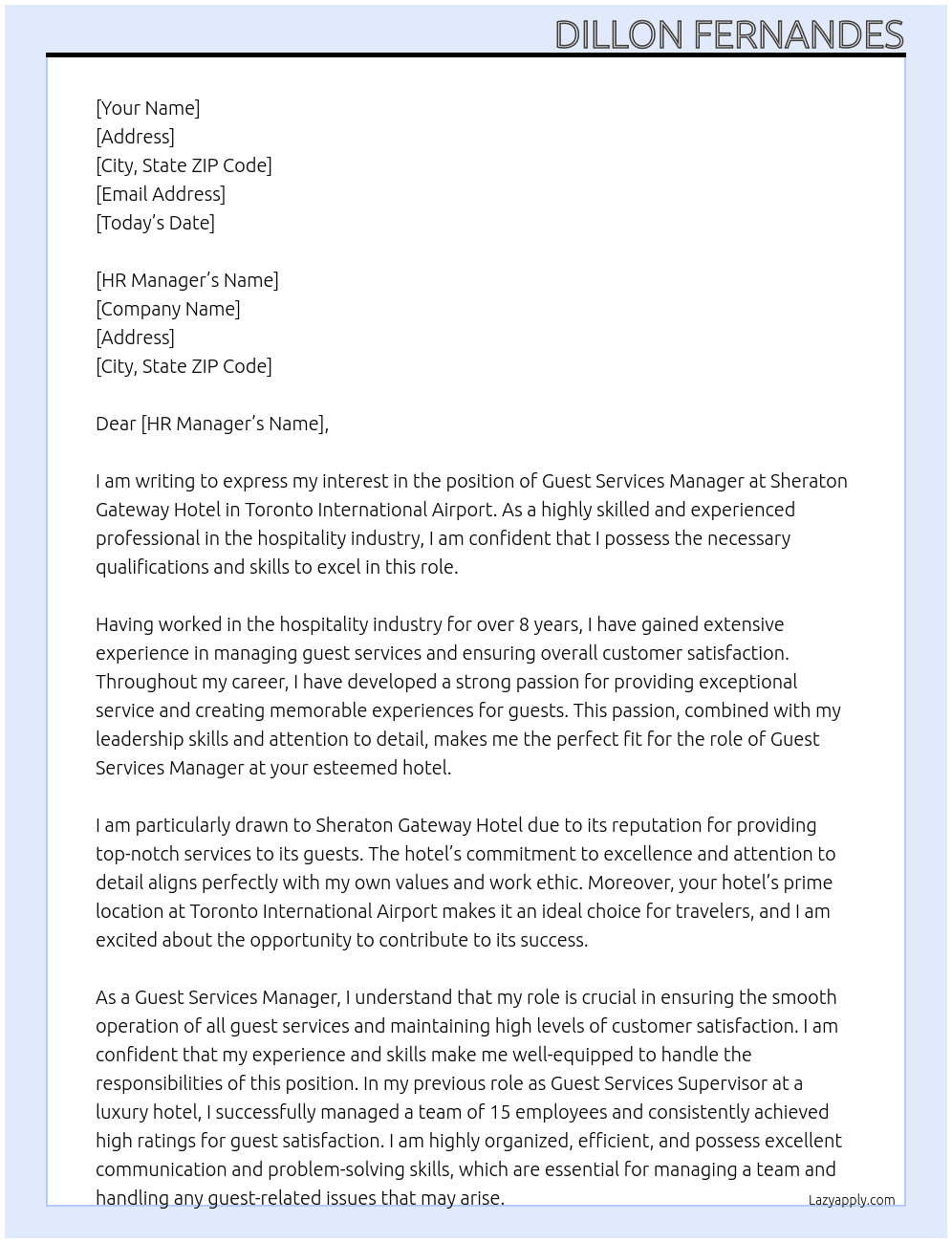 Guest Services Manager At Sheraton Gateway Hotel in Toronto International Airport Cover Letter