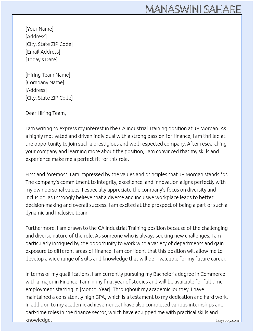 CA Industrial Training At jp morgan Cover Letter
