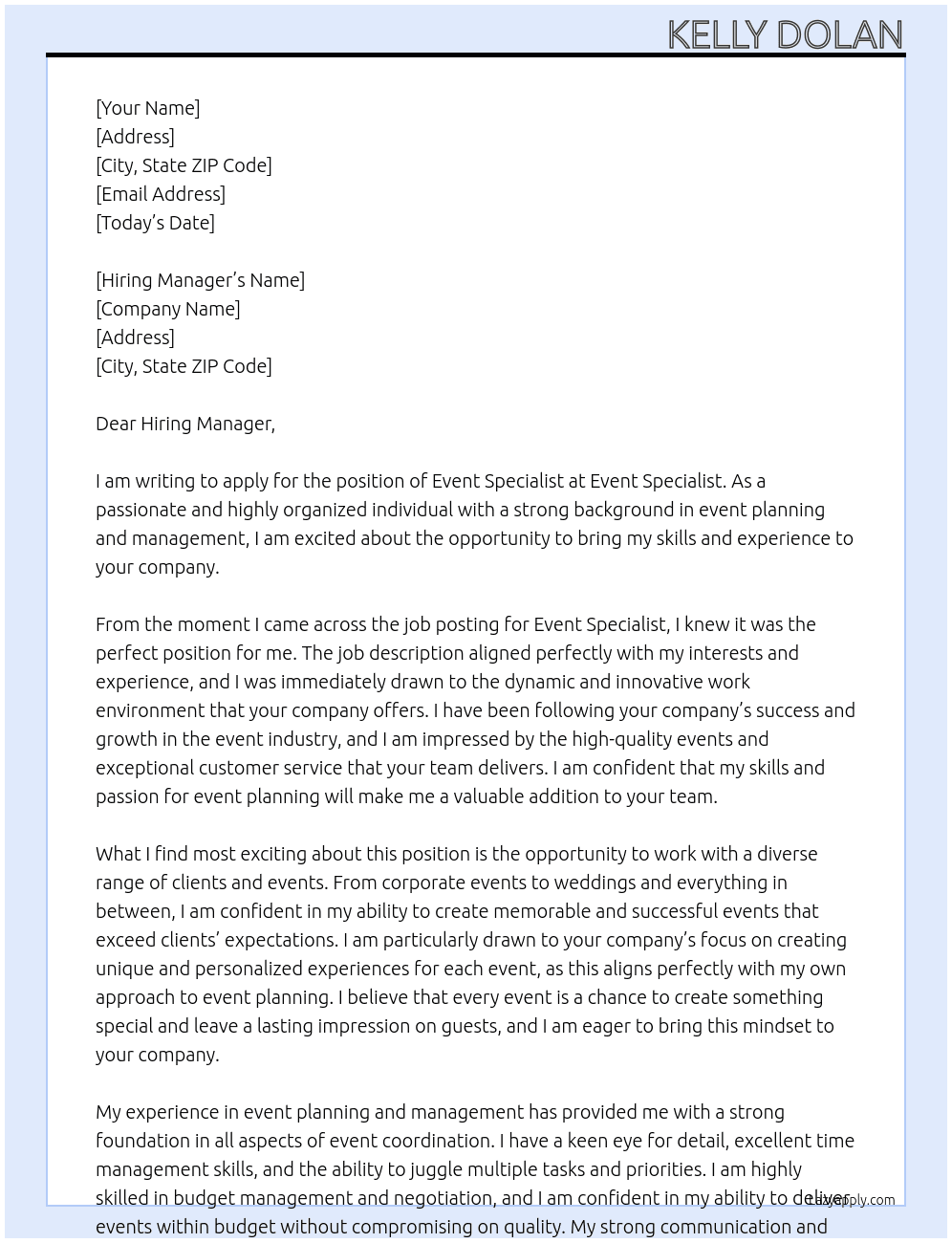 Event Specialist At Event Specialist Cover Letter