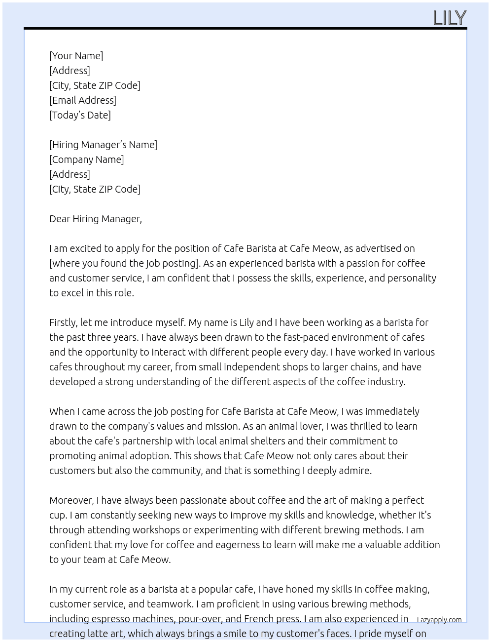 cafe barista At Cafe Meow Cover Letter