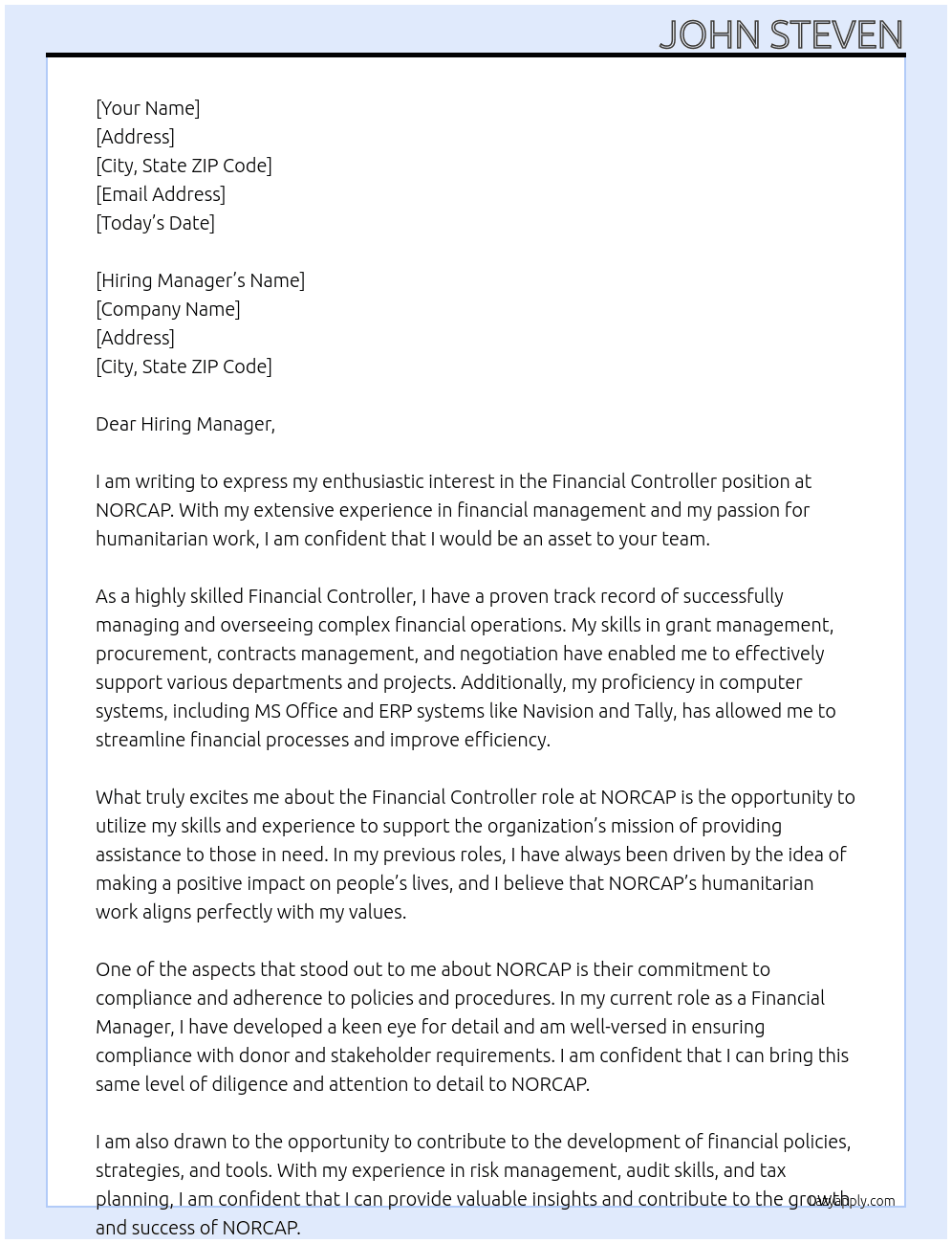 Financial Controller At NORCAP Cover Letter