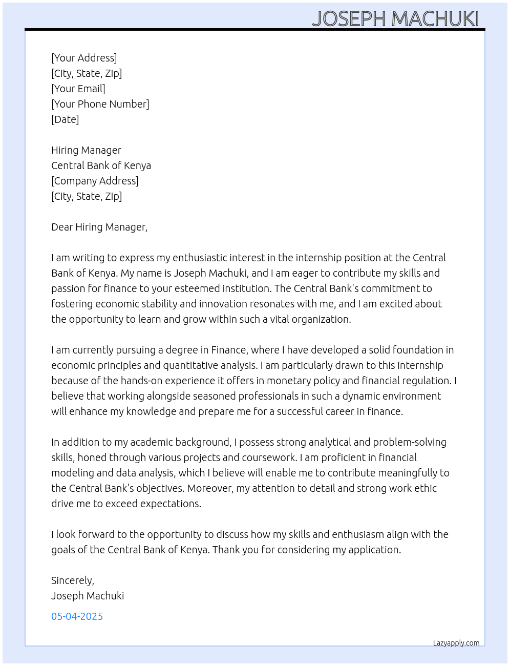 Internship  At Central bank of kenya  Cover Letter