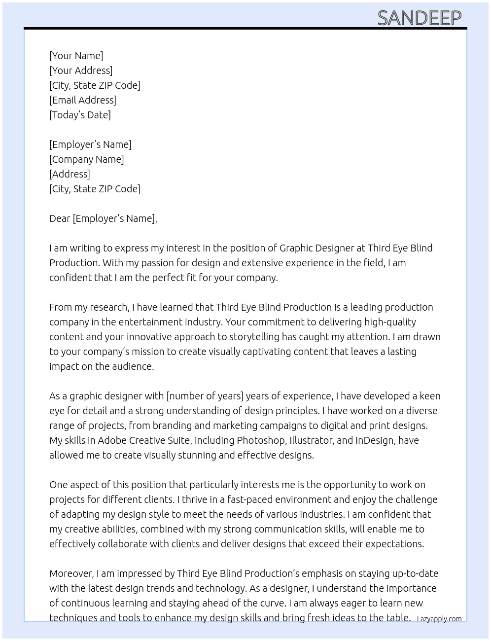 graphic designer At third eye blind production Cover Letter