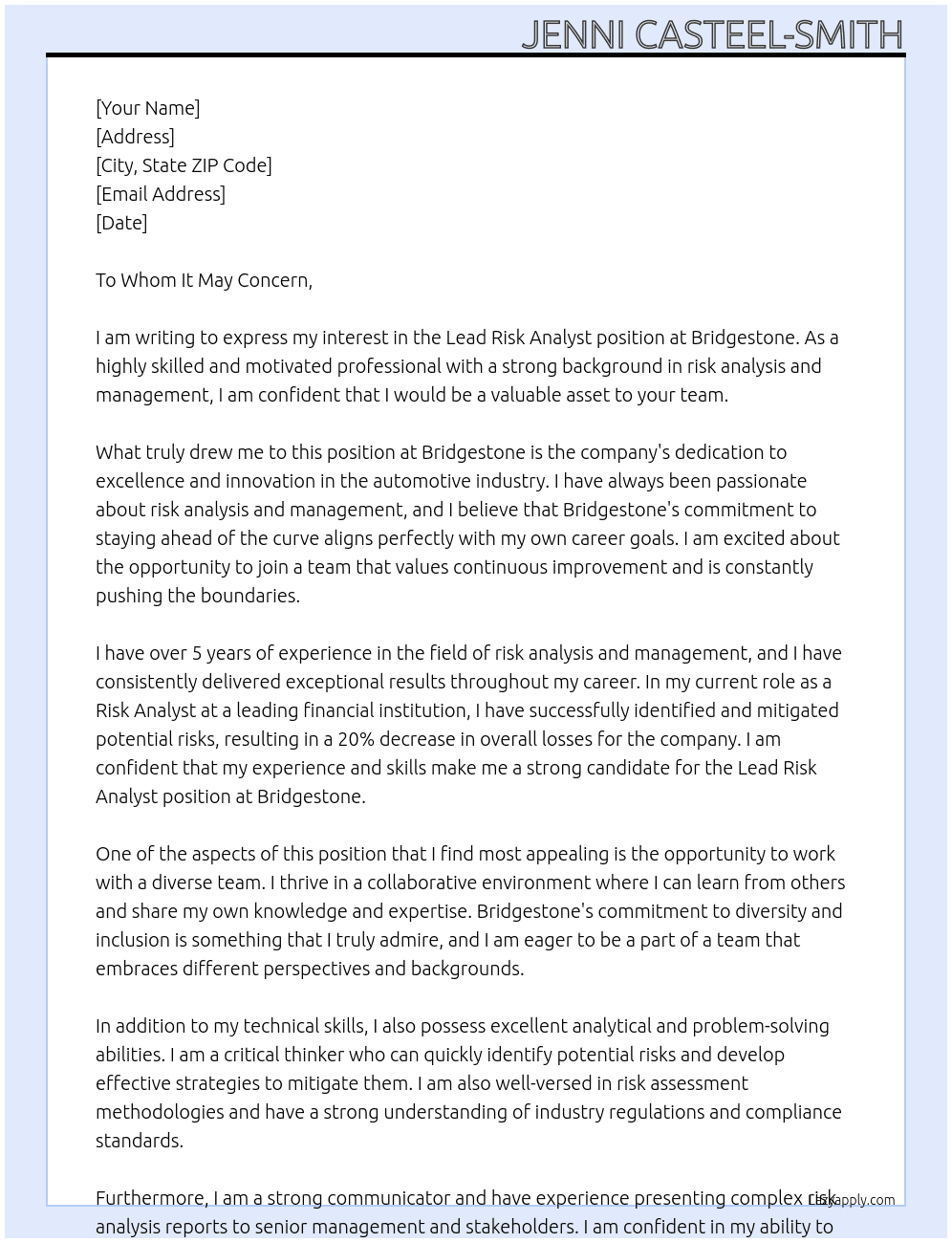 Lead Risk Analyst At Bridgestone Cover Letter