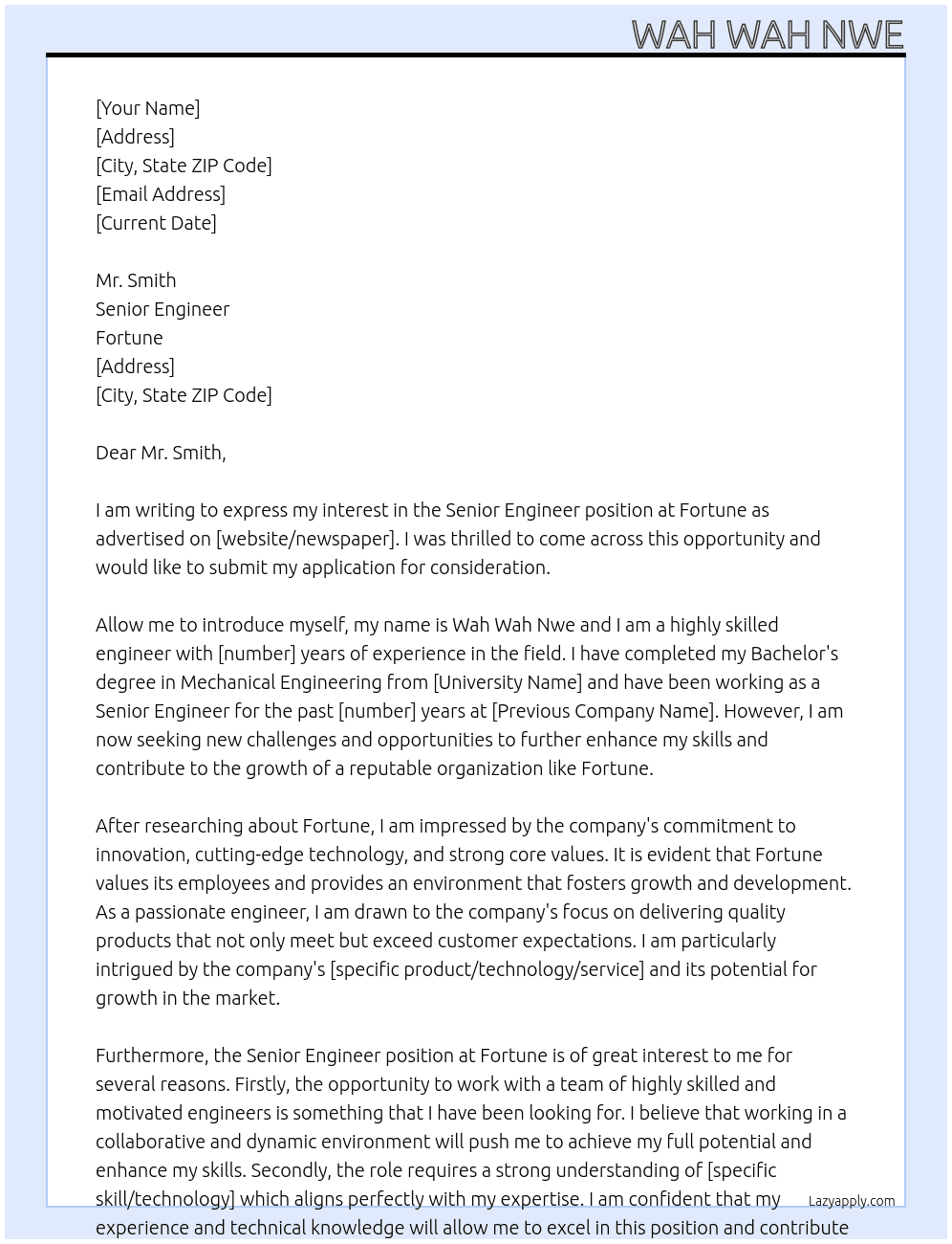 senior engineer At fortune Cover Letter