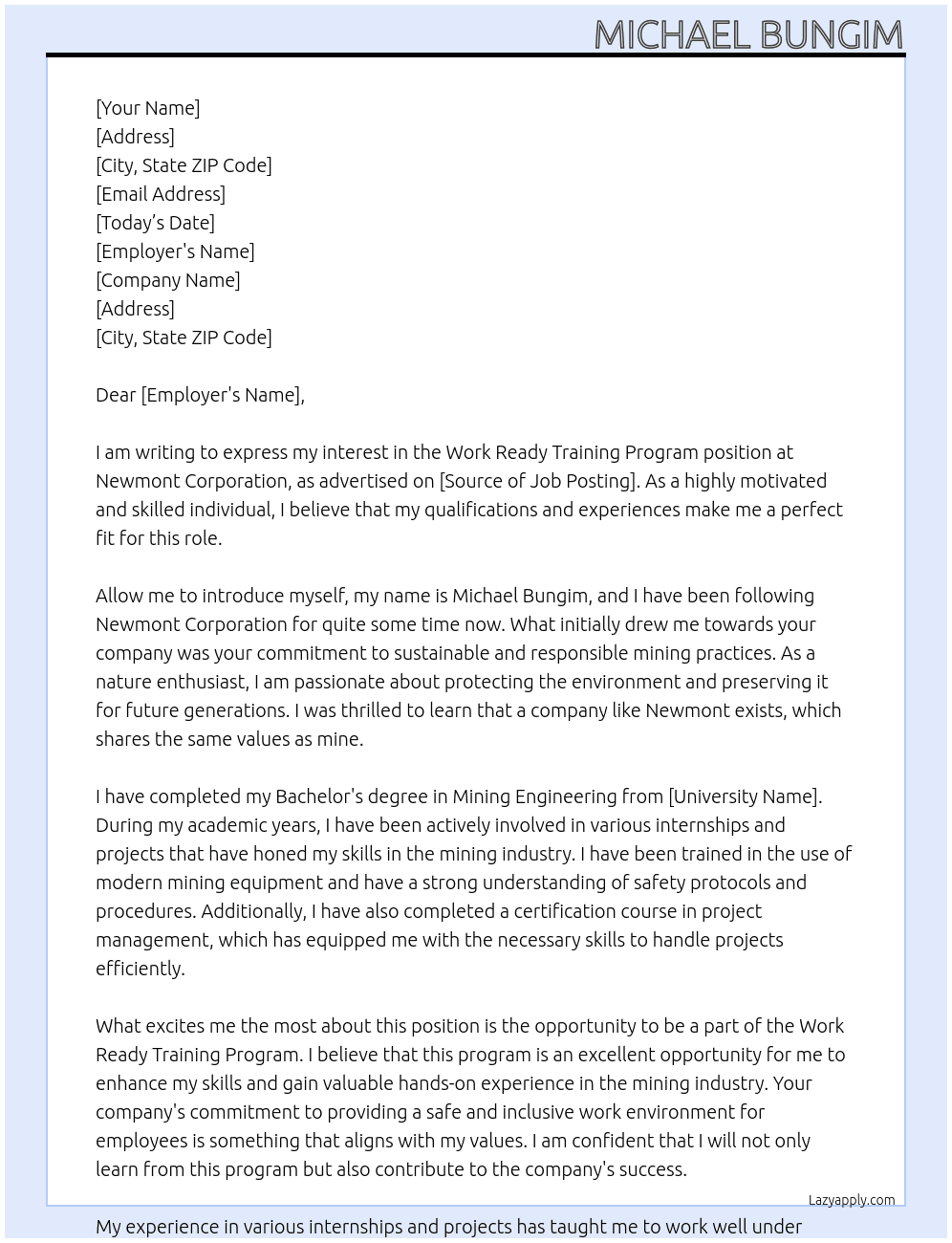 Cover letter for work ready training programe - LazyApply