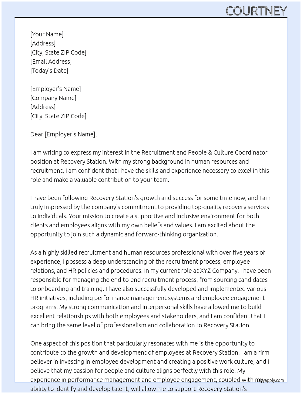 Recruitment and People & Culture Coordinator At Recovery Station Cover Letter