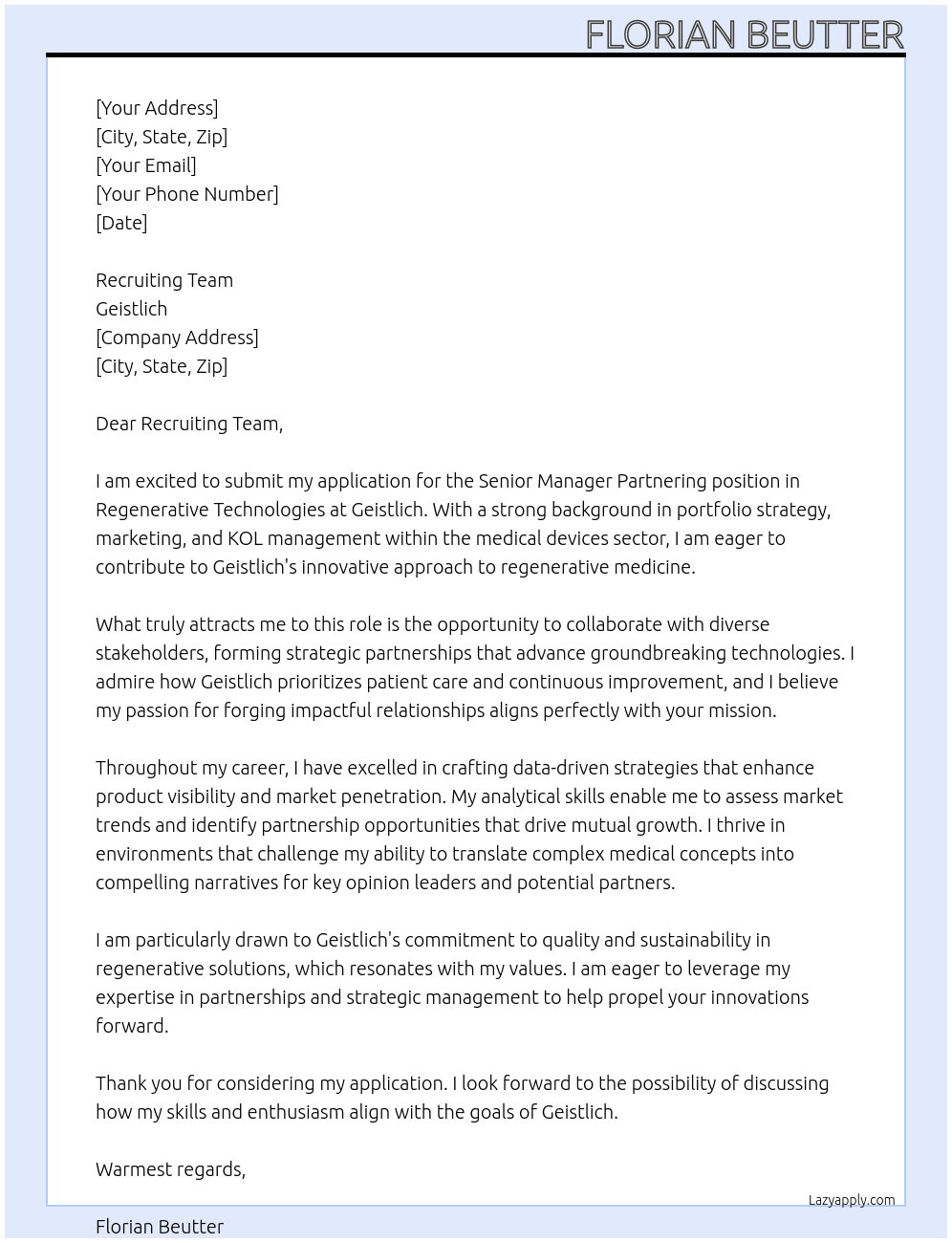 Cover letter for senior manager partnering, regenerative technologies - LazyApply